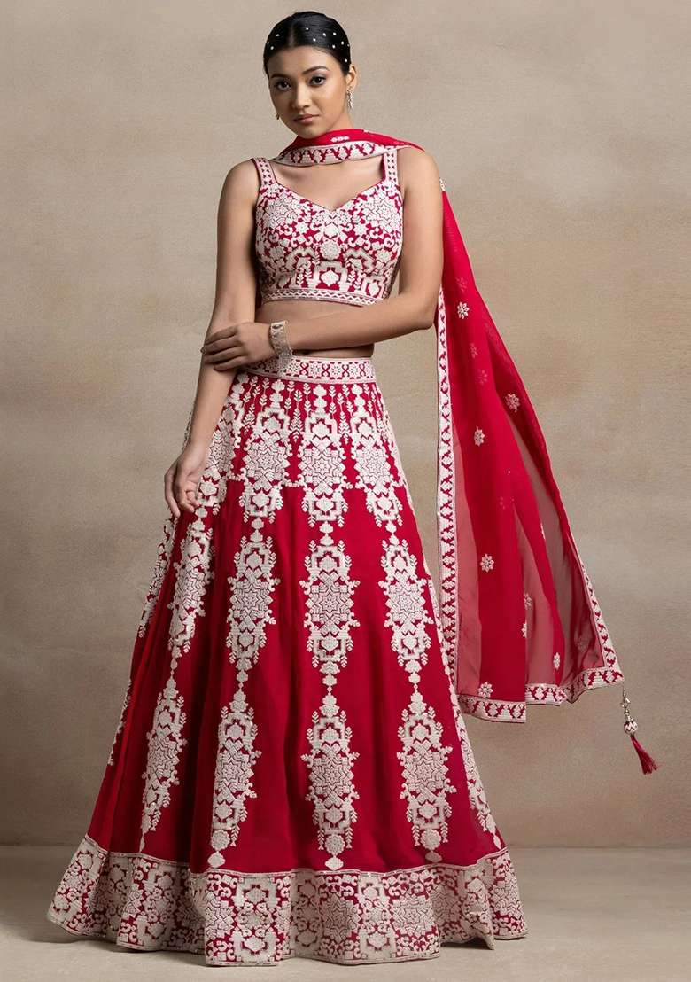 Red Thread Embroidery Georgette Lehenga Choli Set - Indya