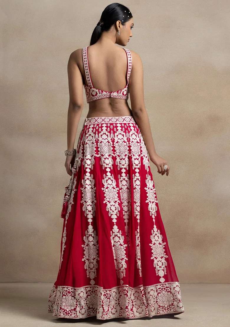 Red Thread Embroidery Georgette Lehenga Choli Set - Indya