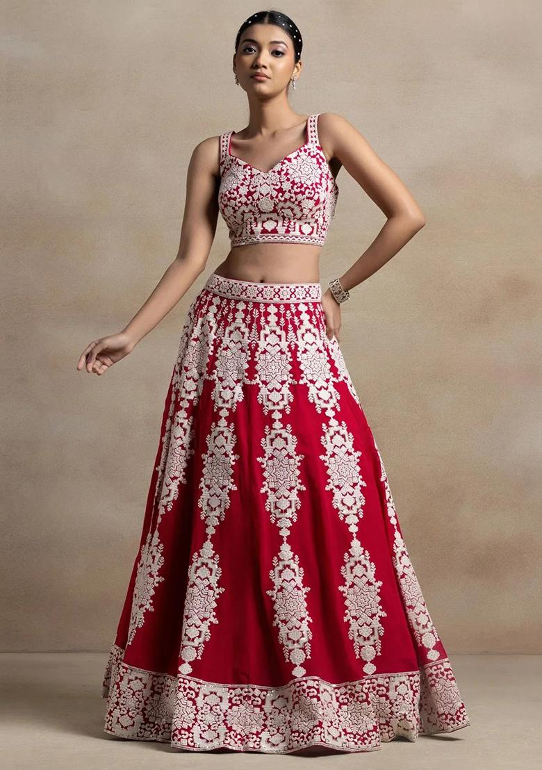 Red Thread Embroidery Georgette Lehenga Choli Set - Indya