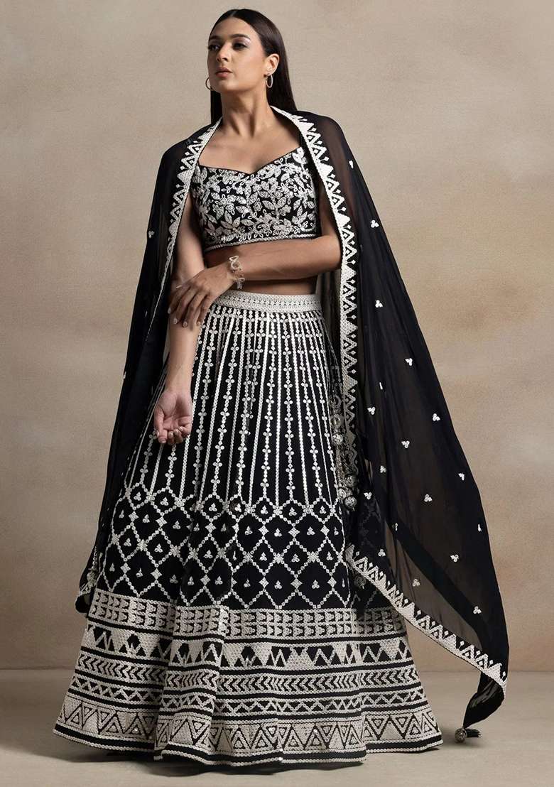 Black Thread Georgette Lehenga Choli Set with Embroidery for Diwali | Wedding & Festive Wear - Indya