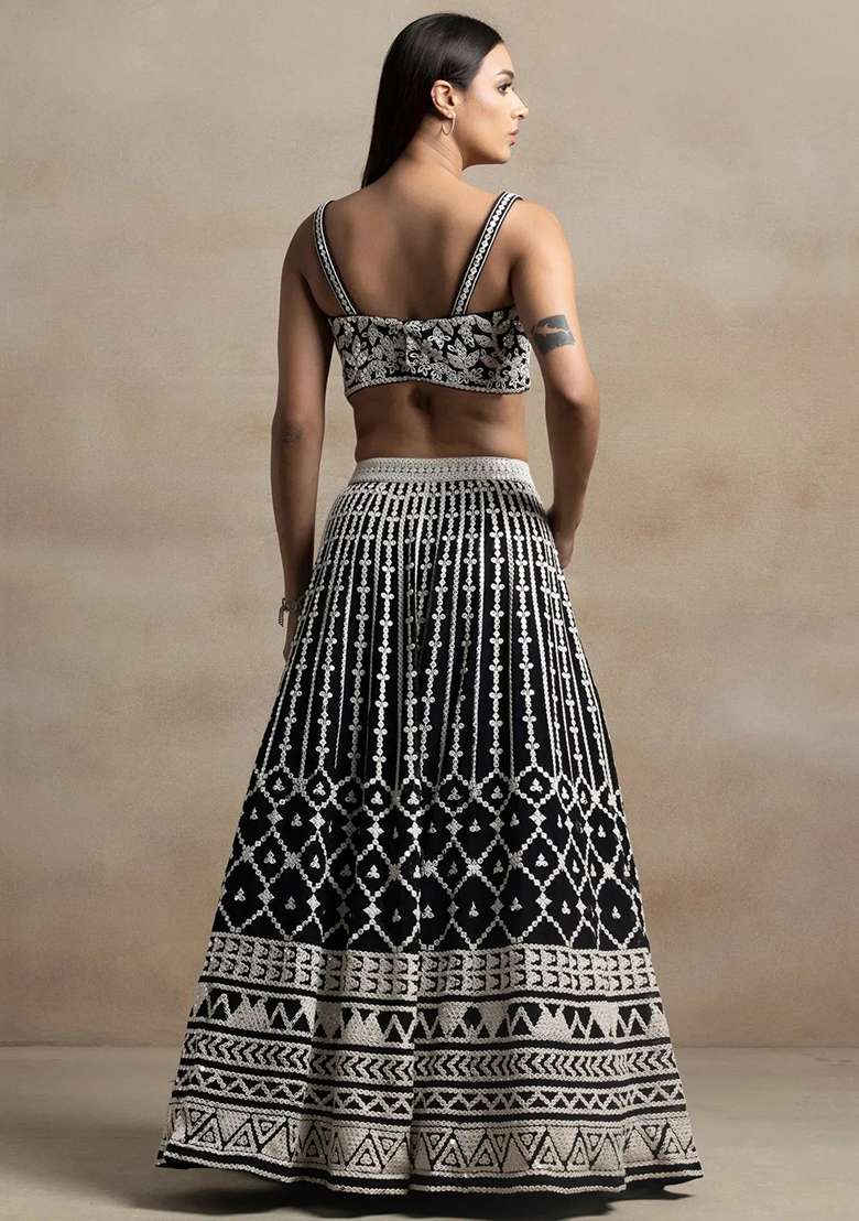 Black Thread Georgette Lehenga Choli Set with Embroidery for Diwali | Wedding & Festive Wear - Indya