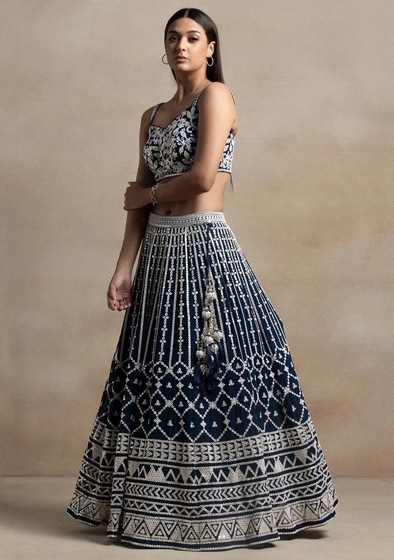 Navy Blue Thread Embroidery Georgette Lehenga Choli Set - Indya
