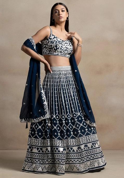Navy Blue Thread Embroidery Georgette Lehenga Choli Set