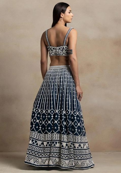 Navy Blue Thread Embroidery Georgette Lehenga Choli Set