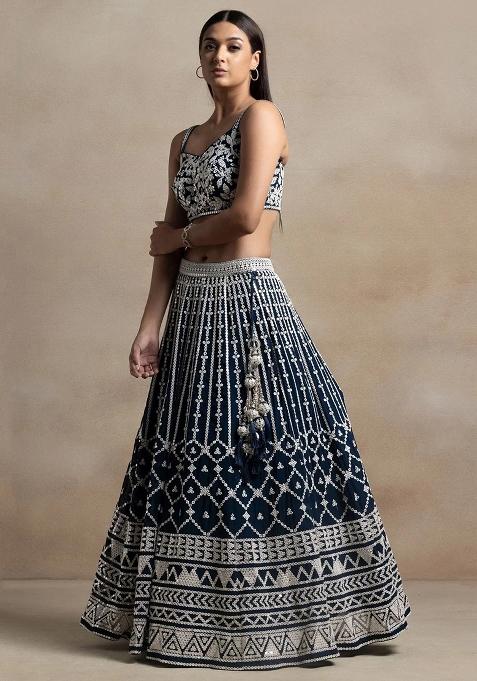 Navy Blue Thread Embroidery Georgette Lehenga Choli Set