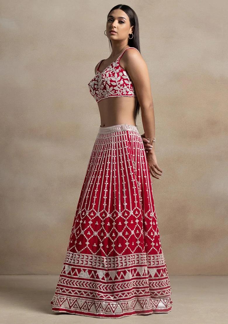 Red Thread Embroidery Georgette Lehenga Choli Set - Indya