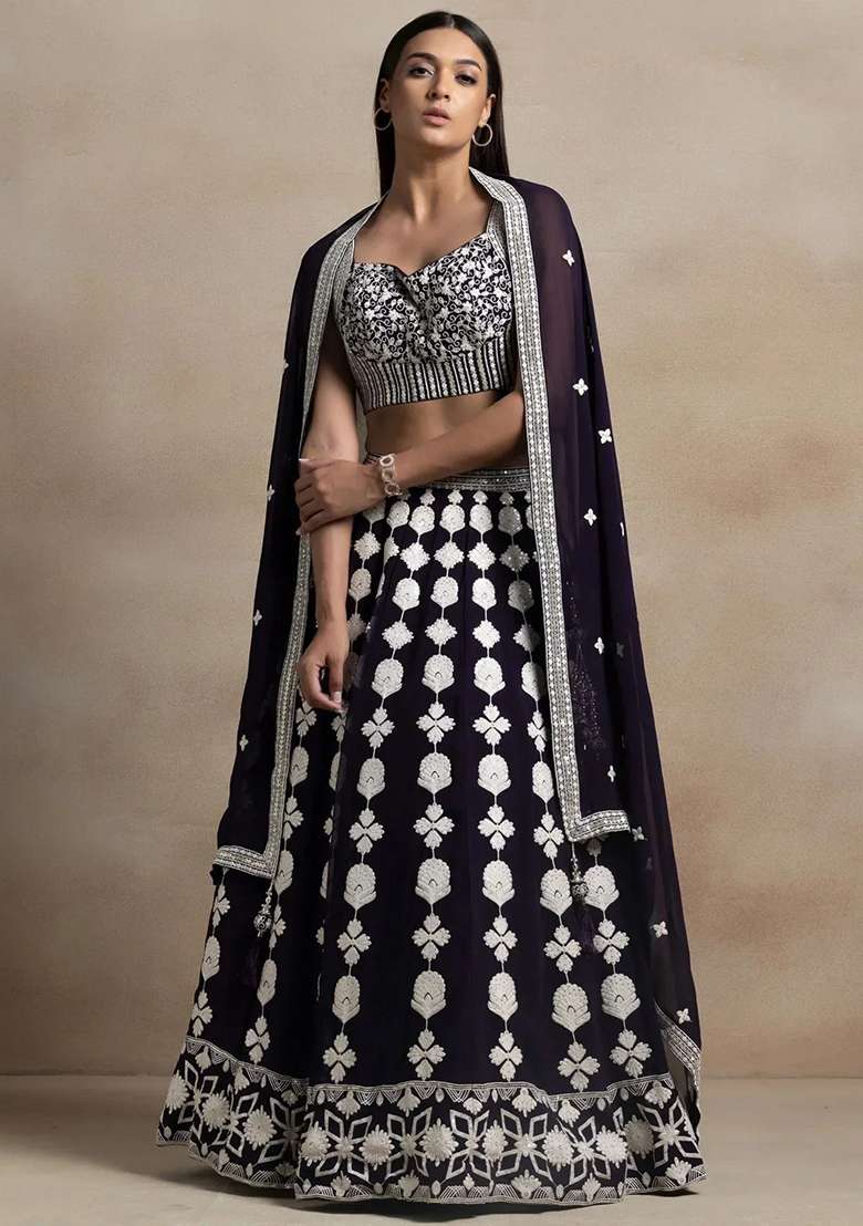 Purple Thread Embroidery Georgette Lehenga Choli Set for Diwali and Festive Wear - Indya