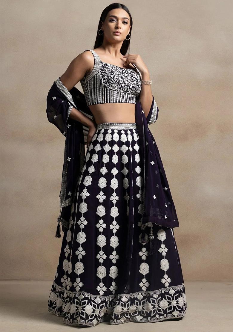 Purple Thread Embroidery Georgette Lehenga Choli Set - Indya