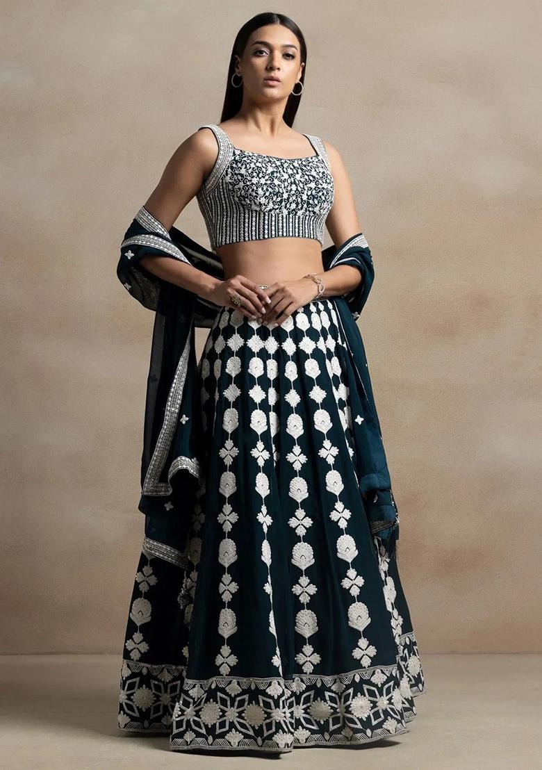 Green Thread Embroidery Georgette Lehenga Choli Set - Indya