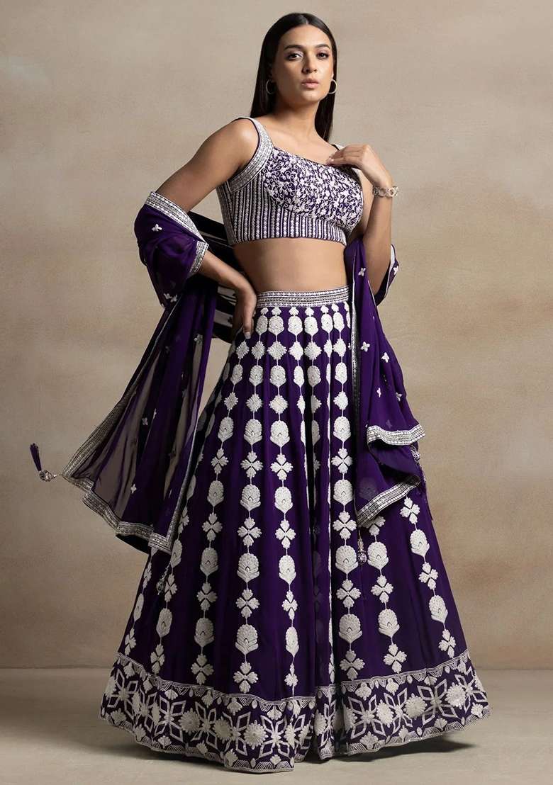 Purple Thread Embroidery Georgette Lehenga Choli Set for Diwali and Festive Wear - Indya