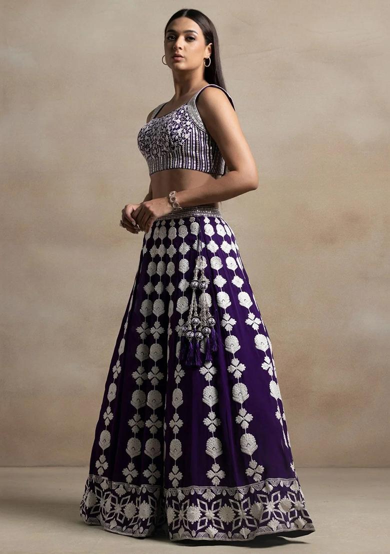 Purple Thread Embroidery Georgette Lehenga Choli Set - Indya
