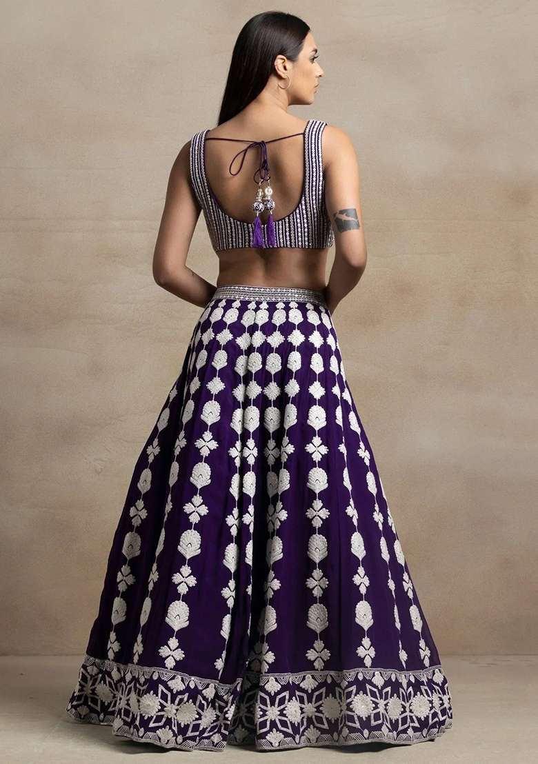 Purple Thread Embroidery Georgette Lehenga Choli Set for Diwali and Festive Wear - Indya