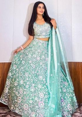 Blue Thread Embroidery Net Lehenga Choli Set