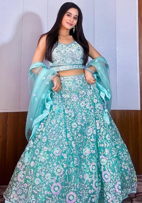 Blue Thread Embroidery Net Lehenga Choli Set