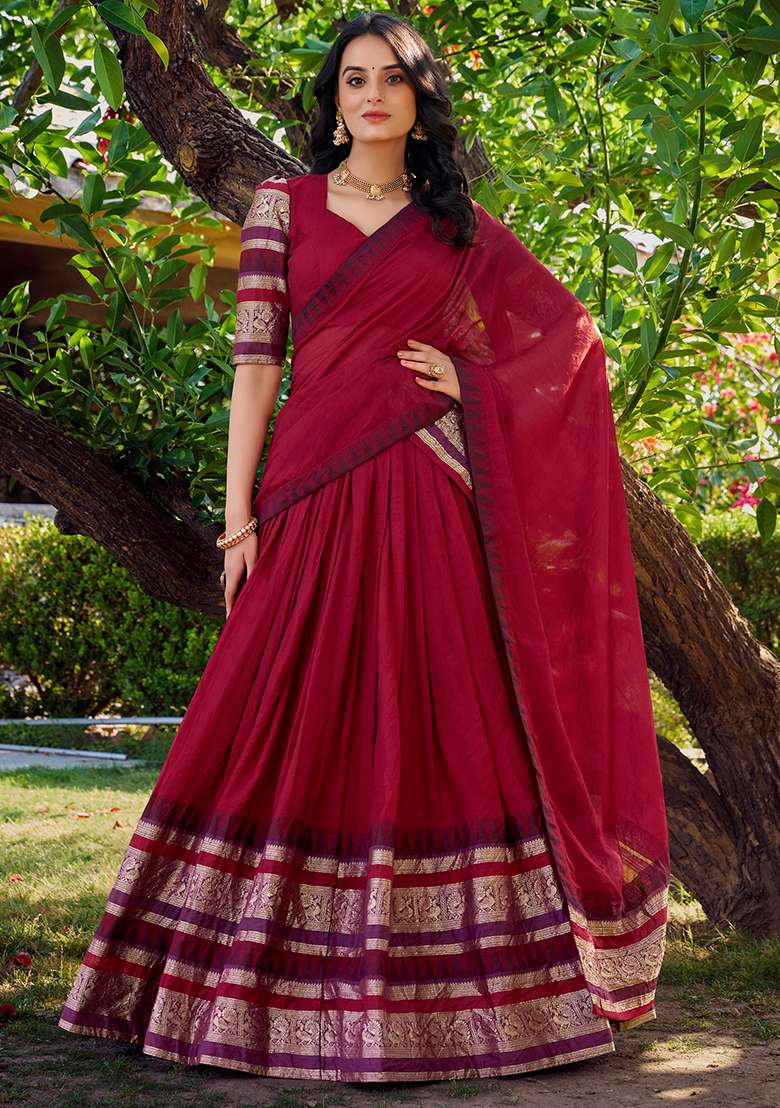 Red Zari Weaving Chanderi Lehenga Set With Dupatta - Indya