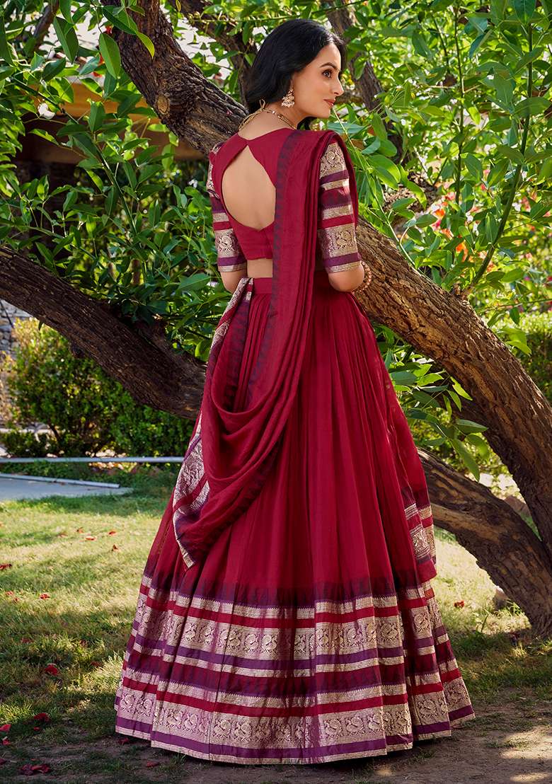 Red Zari Weaving Chanderi Lehenga Set With Dupatta - Indya