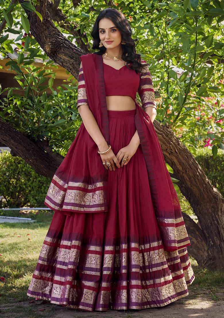 Red Zari Weaving Chanderi Lehenga Set With Dupatta - Indya