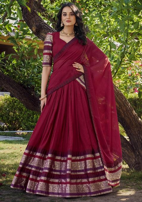 Red Zari Weaving Chanderi Lehenga Set With Dupatta