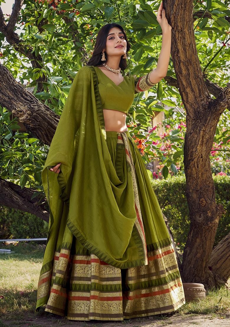Mehendi Zari Weaving Chanderi Lehenga Set With Dupatta - Indya