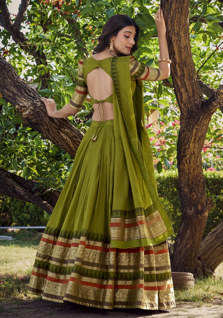 Mehendi Zari Weaving Chanderi Lehenga Set With Dupatta