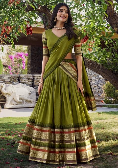 Mehendi Zari Weaving Chanderi Lehenga Set With Dupatta