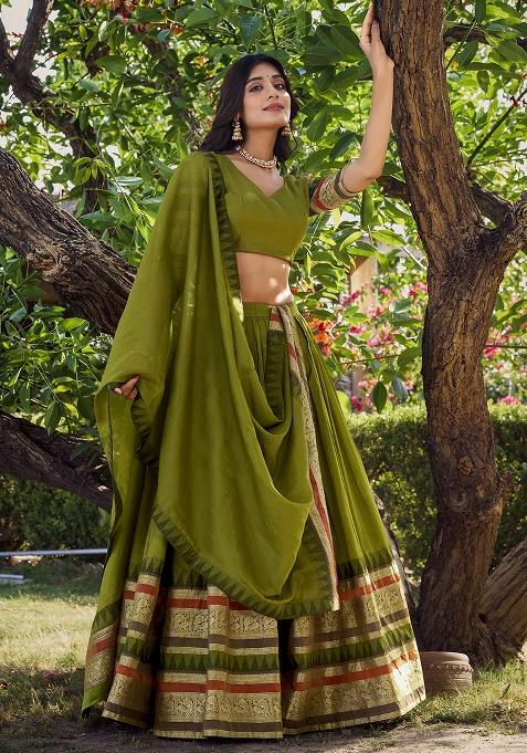 Mehendi Zari Weaving Chanderi Lehenga Set With Dupatta