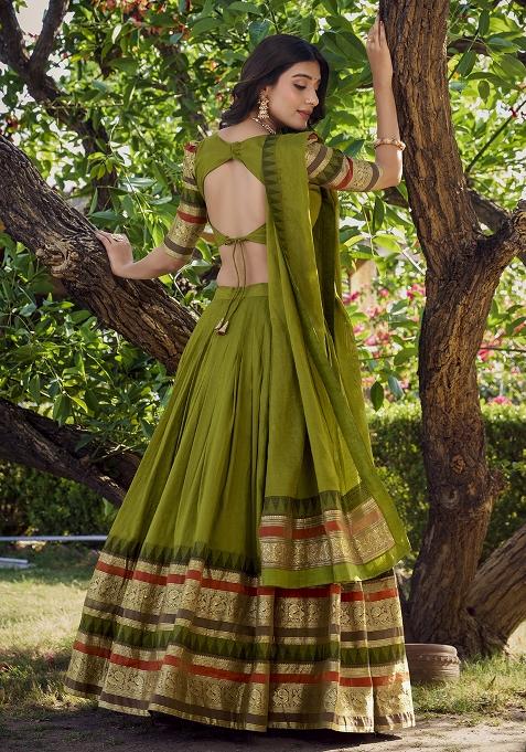 Mehendi Zari Weaving Chanderi Lehenga Set With Dupatta