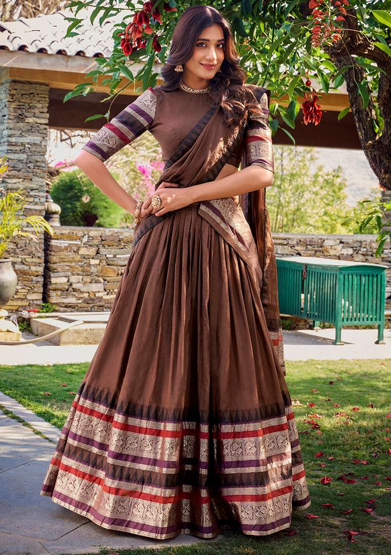 Brown Zari Weaving Chanderi Lehenga Set With Dupatta - Indya