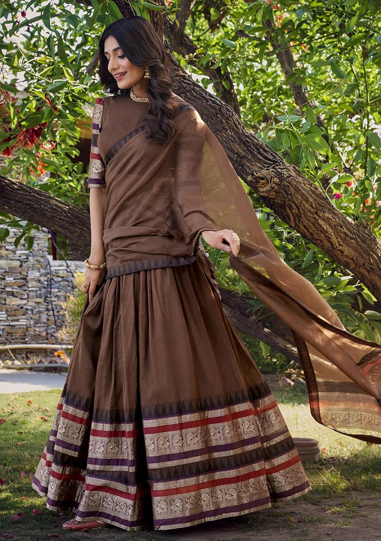 Brown Zari Weaving Chanderi Lehenga Set With Dupatta - Indya
