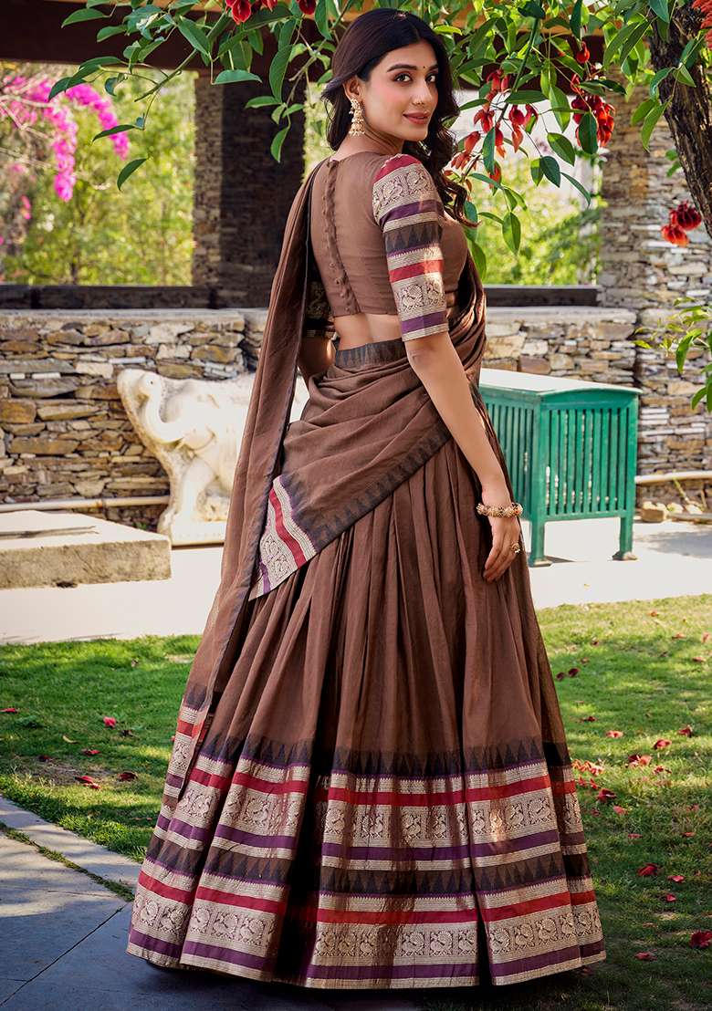 Brown Zari Weaving Chanderi Lehenga Set With Dupatta - Indya