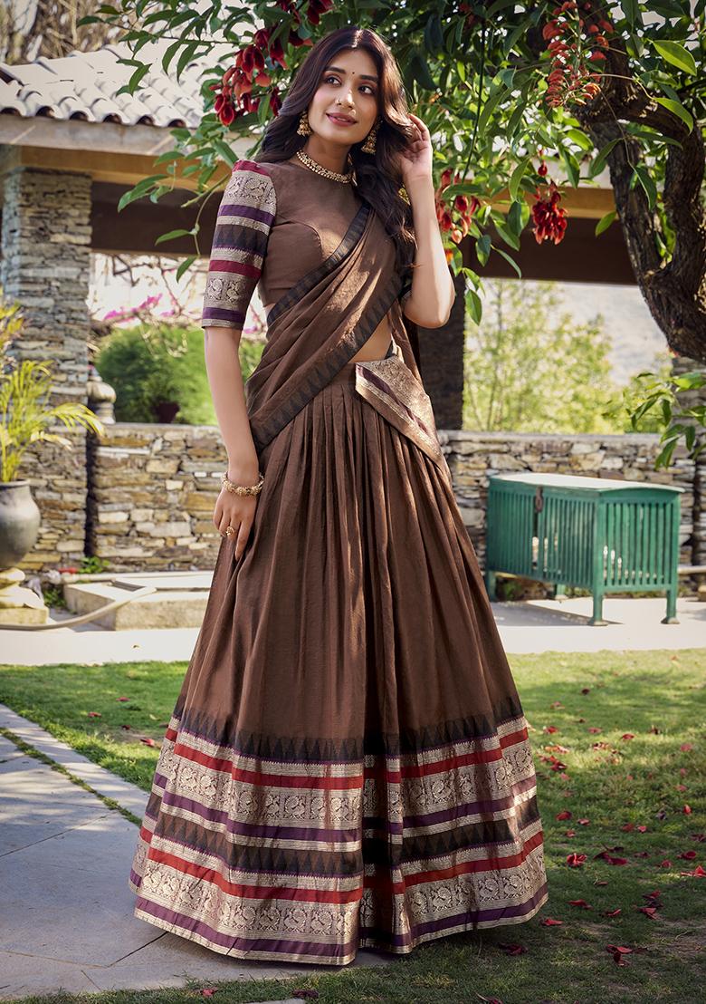 Brown Zari Weaving Chanderi Lehenga Set With Dupatta - Indya