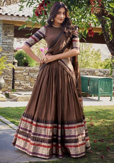 Brown Zari Weaving Chanderi Lehenga Set With Dupatta
