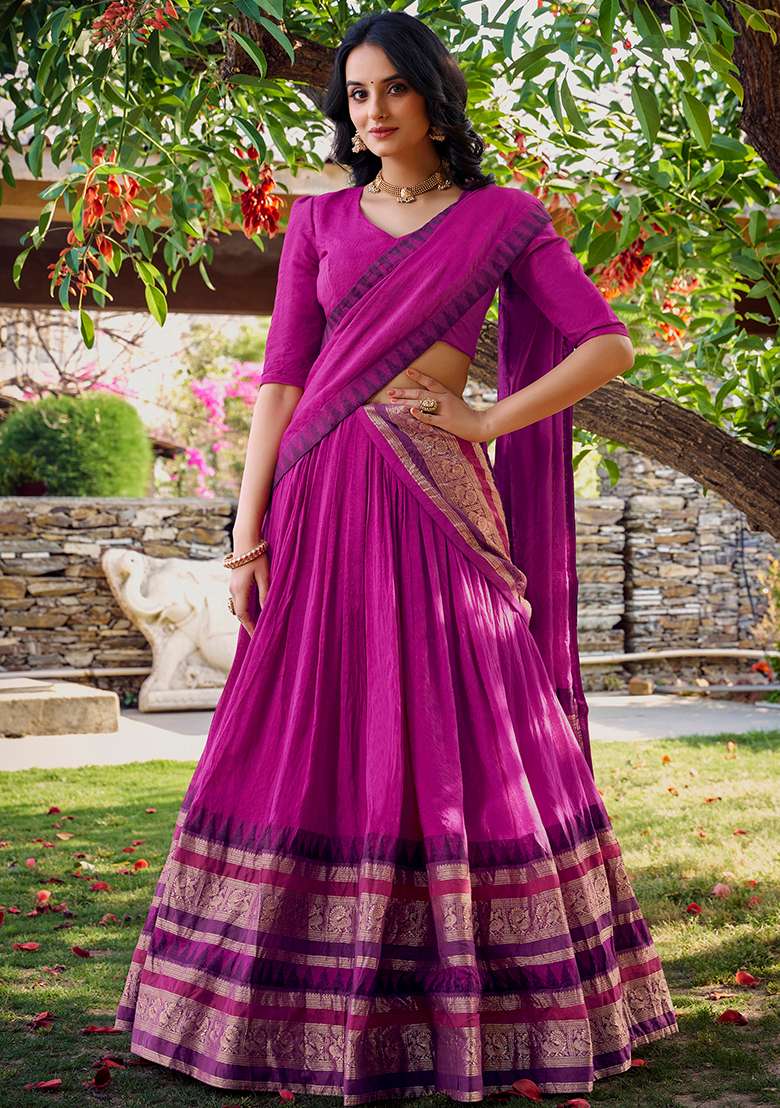 Pink Zari Weaving Chanderi Lehenga Set With Dupatta - Indya