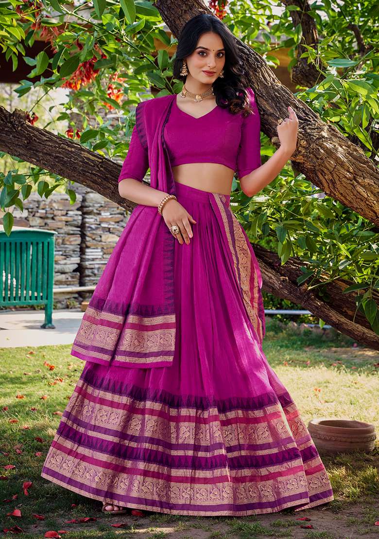 Pink Zari Weaving Chanderi Lehenga Set With Dupatta - Indya
