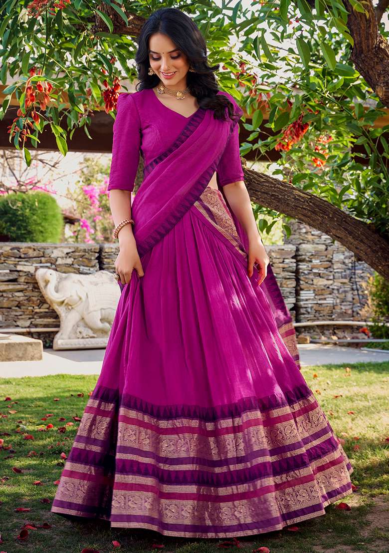 Pink Zari Weaving Chanderi Lehenga Set With Dupatta - Indya