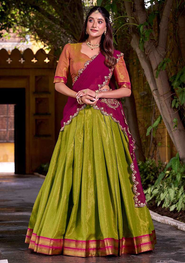 Pista Zari Weaving Kanchipuram Lehenga Set With Dupatta - Indya