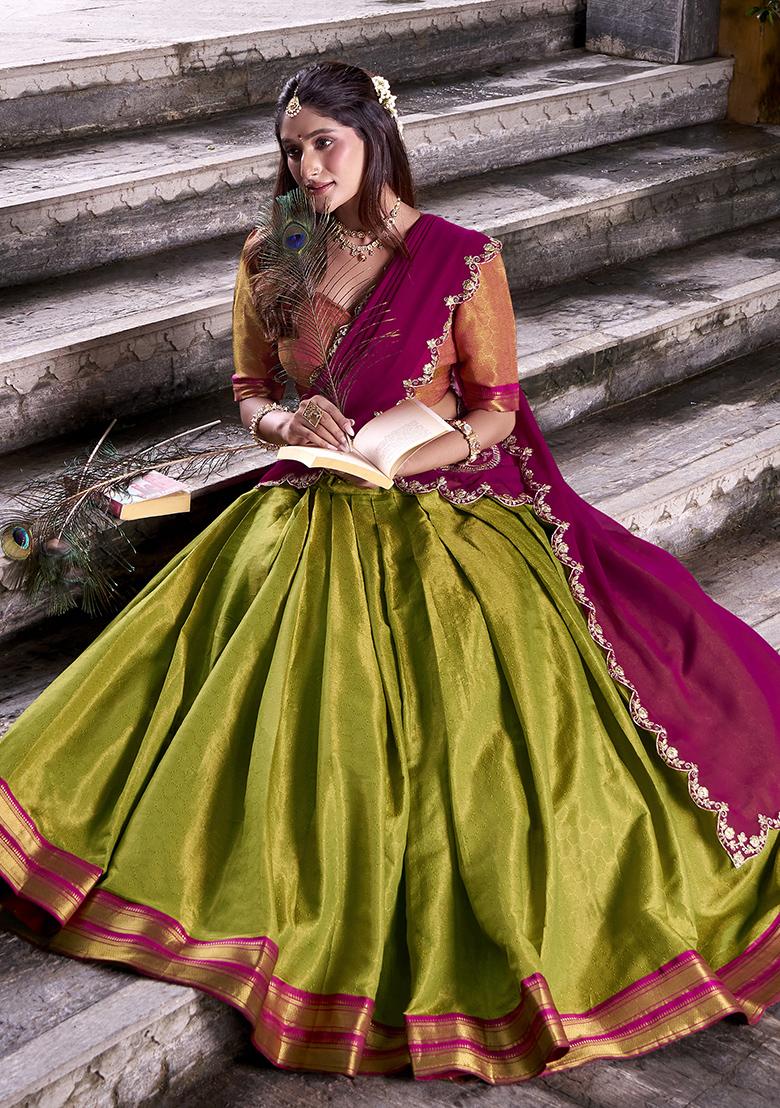 Pista Zari Weaving Kanchipuram Lehenga Set With Dupatta - Indya