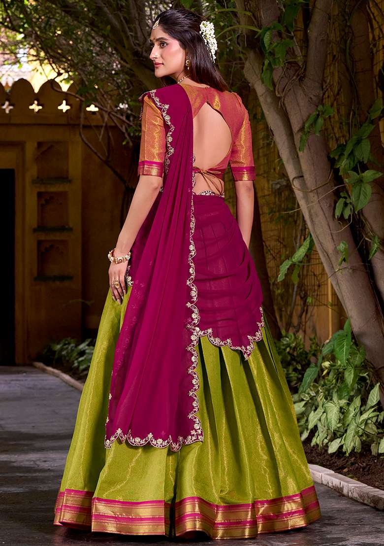 Pista Zari Weaving Kanchipuram Lehenga Set With Dupatta - Indya