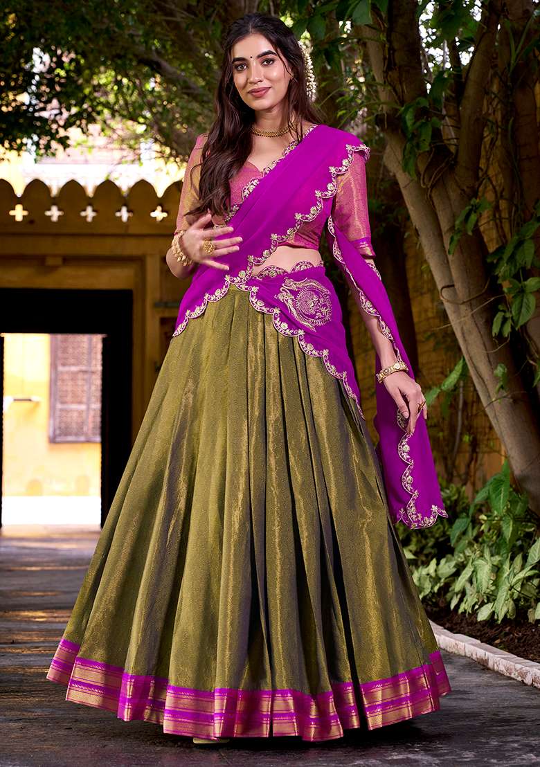 Mehendi Zari Weaving Kanchipuram Lehenga Set With Dupatta - Indya