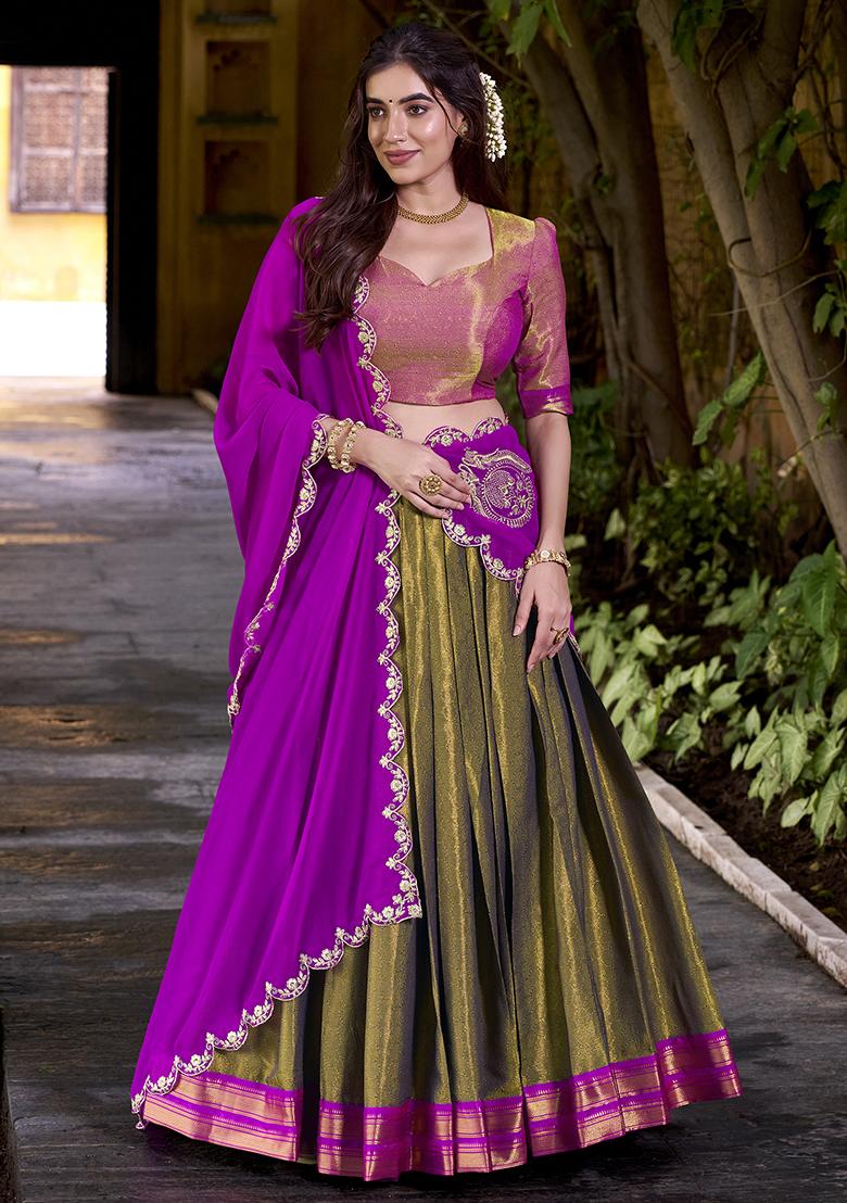 Mehendi Zari Weaving Kanchipuram Lehenga Set With Dupatta - Indya