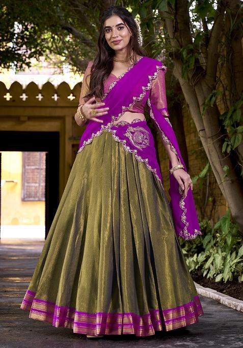 Mehendi Zari Weaving Kanchipuram Lehenga Set With Dupatta