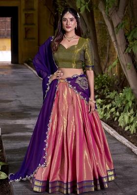 Coral Zari Weaving Kanchipuram Lehenga Set With Dupatta