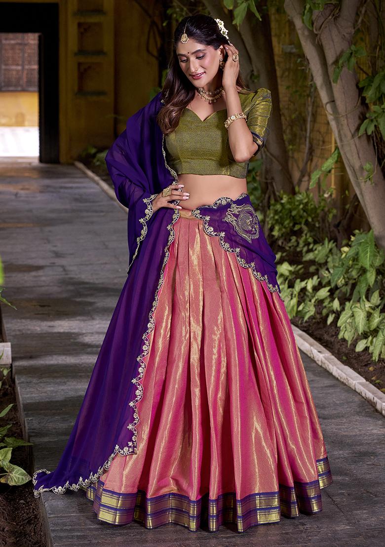 Coral Zari Weaving Kanchipuram Lehenga Set With Dupatta - Indya