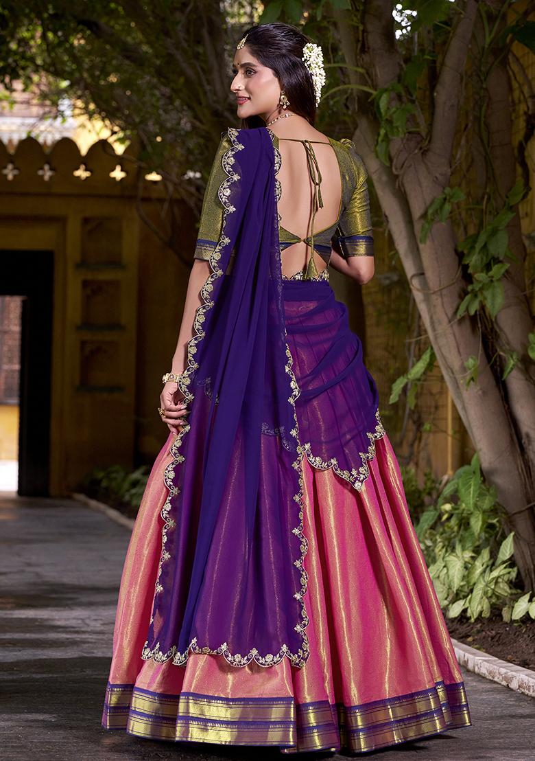 Coral Zari Weaving Kanchipuram Lehenga Set With Dupatta