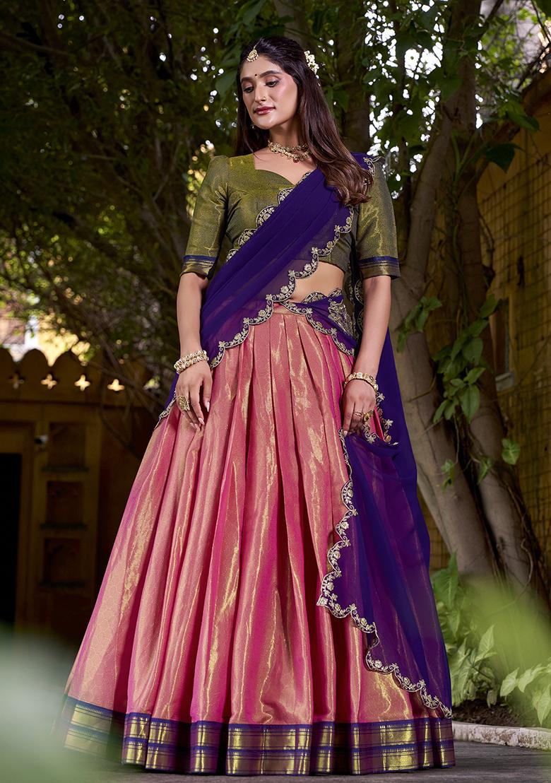 Coral Zari Weaving Kanchipuram Lehenga Set With Dupatta - Indya