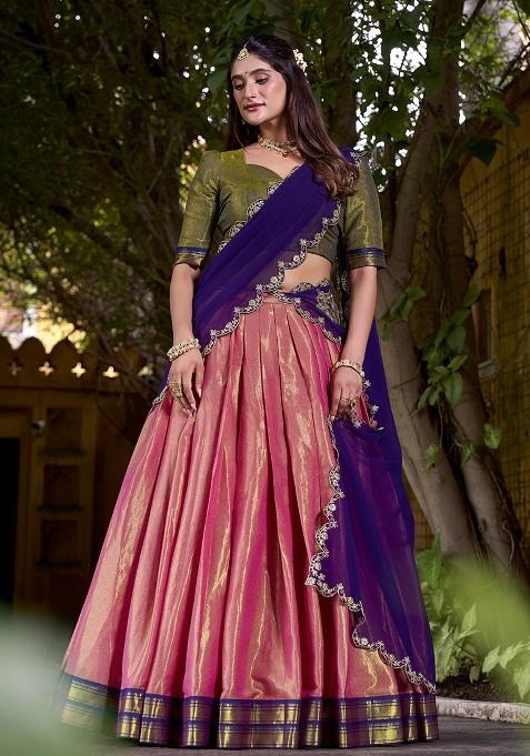 Coral Zari Weaving Kanchipuram Lehenga Set With Dupatta