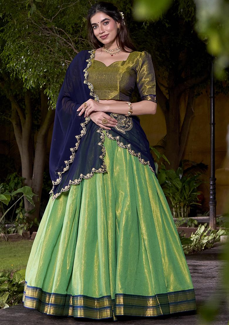 Sea Green Zari Weaving Kanchipuram Lehenga Set With Dupatta - Indya