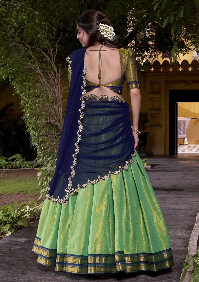 Sea Green Zari Weaving Kanchipuram Lehenga Set With Dupatta - Indya