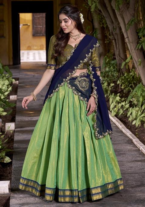 Sea Green Zari Weaving Kanchipuram Lehenga Set With Dupatta