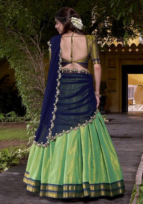 Sea Green Zari Weaving Kanchipuram Lehenga Set With Dupatta